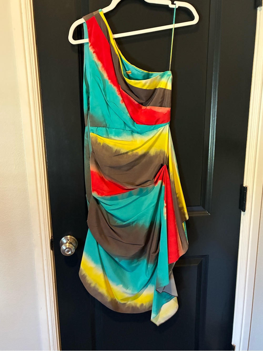 Alice + Olivia Teal, Yellow and Brown Colorblock One-Shoulder Dress